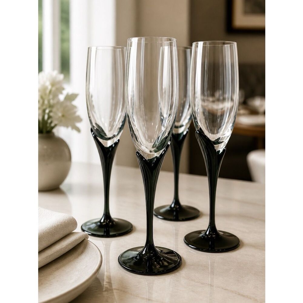 ALEXANDRA-BLACK STEMWARE by MIKASA  (4) CHAMPAGNE GLASSES LIKE NEW CONDITION
